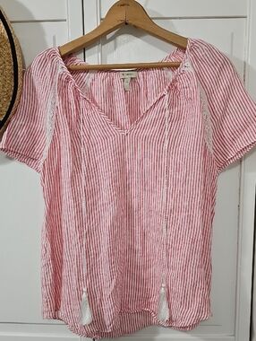 Daniel Cremieux  100% Linen Red and White Striped Tassel Peasant Blouse. Size Sm